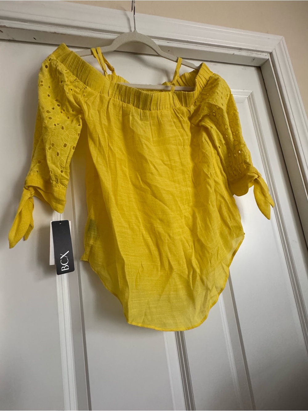 New BCX XS Solid Yellow Off The Shoulder Rayon Cotton Blend Eyelit Sleeve Top